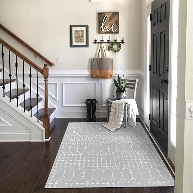Lahome Moroccan Washable Living Room Area Rug 3x5 Small Rugs for Bedroom Throw Non-Slip Low-Pile Entryway Rug Kitchen Rugs Soft Grey Distressed Capet for Office Bathroom Laundry Room Dining Room Hana