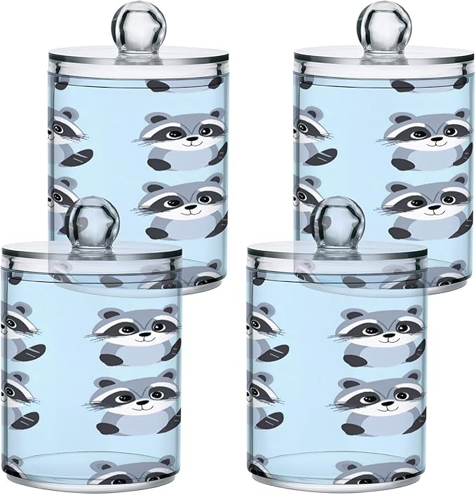 Nander 2Pack Cute Cartoon Raccoon Qtip Holder Dispenser -Clear Plastic Apothecary Jars Set - Restroom Bathroom Makeup Organizers Containers for Cotton Swab, Ball, Pads, Floss