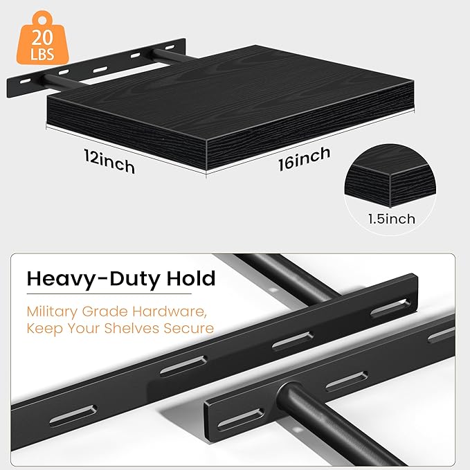 Black Floating Shelves for Wall, 16'' W x 12'' D Wall Mounted Rustic Wood Shelves for Bathroom, Bedroom, Living Room, Kitchen, Hanging Shelf for Storage/Room Decor with Heavy Duty Brackets, 2 Pack