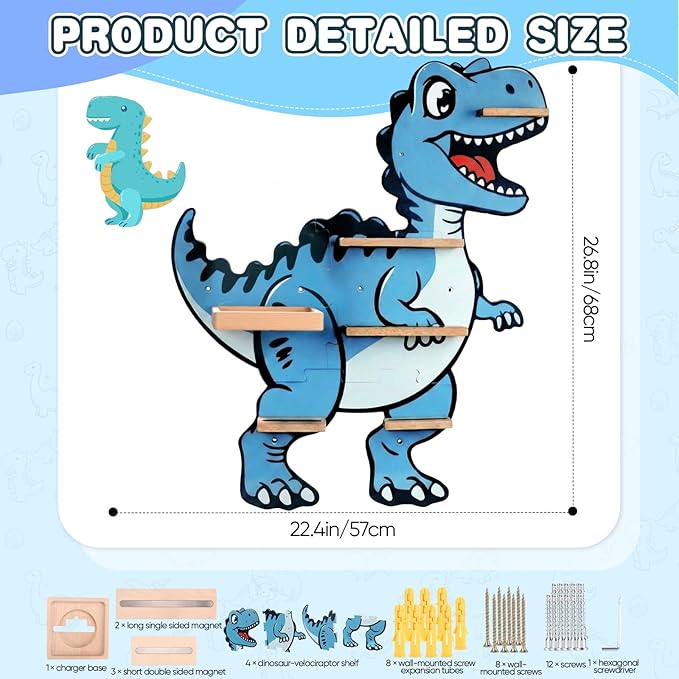 Tonie Shelf for Tonies Box 2/1 - Tonies Storage Shelf for Toniebox, Magnetic Dinosaur Wooden Floating Shelf for 30 Tonie Characters, Wall Mounted Shelf for Boys and Girls, Velociraptor