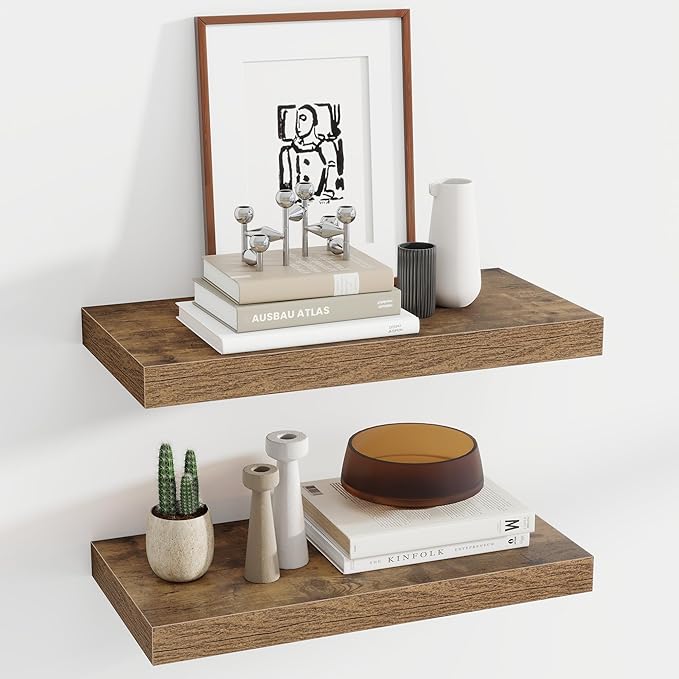 Acovy 24 Inch Floating Shelves, 12 Inch Deep Floating Shelves for Wall, Floating Shelf with Invisible Brackets, Deep Shelves for Bathroom, Bedroom, Living Room, 2 Pack, Brown