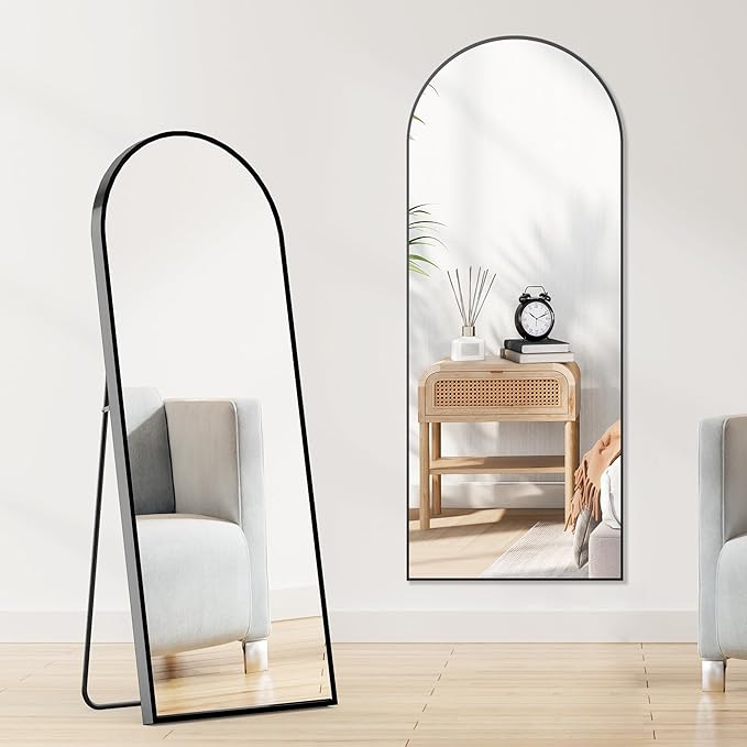 OLIXIS 64"x 21.5" Arched Mirror Full Length, Full Body Mirror with Stand, Hanging or Leaning for Wall, Floor Standing with Shatter-Proof Glass for Bedroom, Living Room, Long, Black