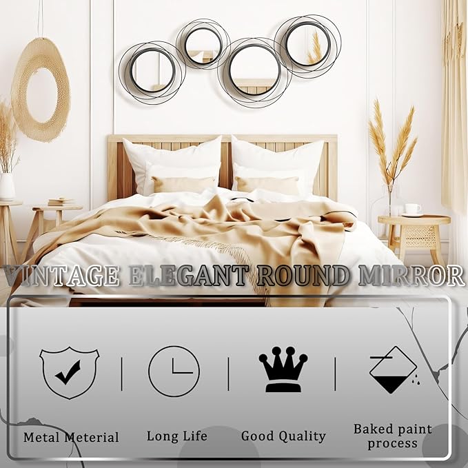 Hicarer 4 Pcs Decorative Round Modern Circle Mirror Wall Art Ring Metal Mirror Wall Mounted for Bedroom, Living Room, Entryway, Dining Room, Hallway (Black)