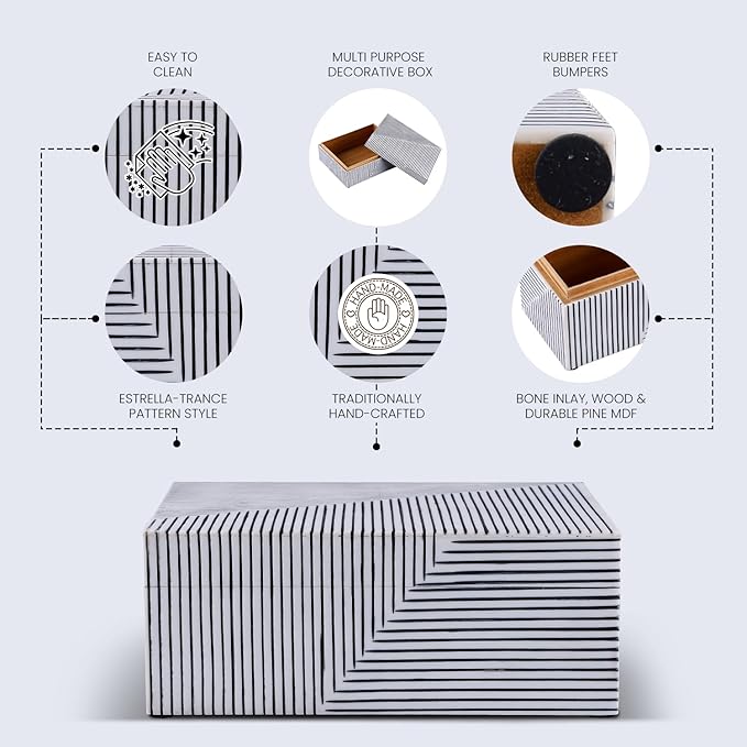 Handicrafts Home Decorative Storage Box with Lid– 10x8x4” Modern Home Decor Organizer, Memory Box & Jewelry Storage- Decorative Boxes for Living Room & Shelf Decor- Monochrom Strip- Black White
