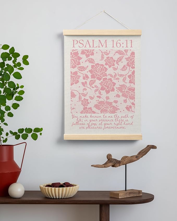 FGFK Pink Lace Floral Christian Wall Art Poster Hanger Frame, Christian Room Decor, Psalm 16:11 Bible Verse Canvas Prints Framed Wall Decor for Girls Bedroom Dorm Apartment, 12x16 Inch
