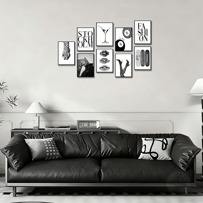 LOARTVE 9Pcs Black and White Fashion Wall Art Prints Trendy Leopard Stockholm Cocktail Lucky 8 Ball Pictures Wall Decor Preppy Aesthetic Posters for Girls Bedroom Dorm Apartment Unframed 8x10in
