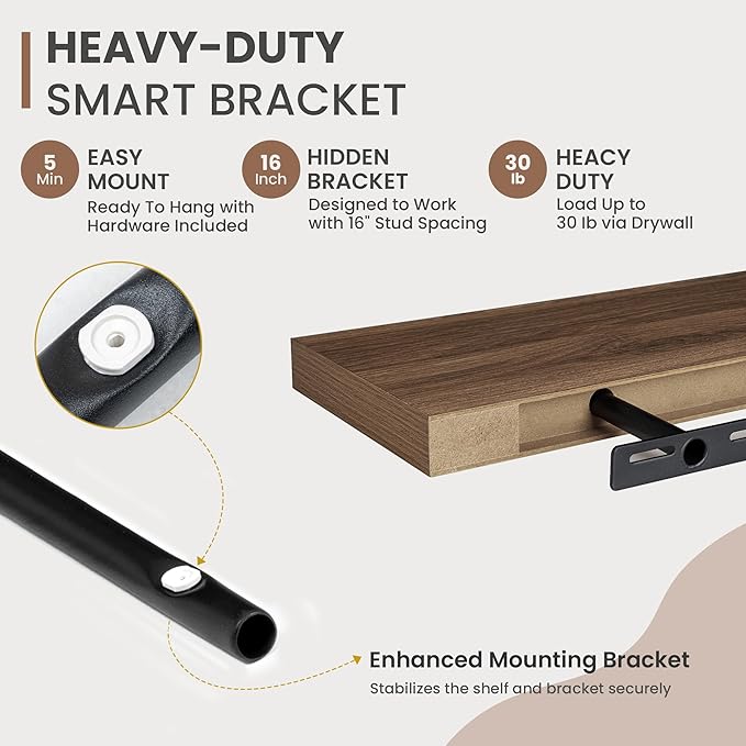 Acovy 24 Inch Floating Shelves, 8 Inch Deep Floating Shelves for Wall, Hanging Shelf with Invisible Brackets, Deep Shelves for Bathroom, Bedroom, Living Room, Walnut, Set of 2