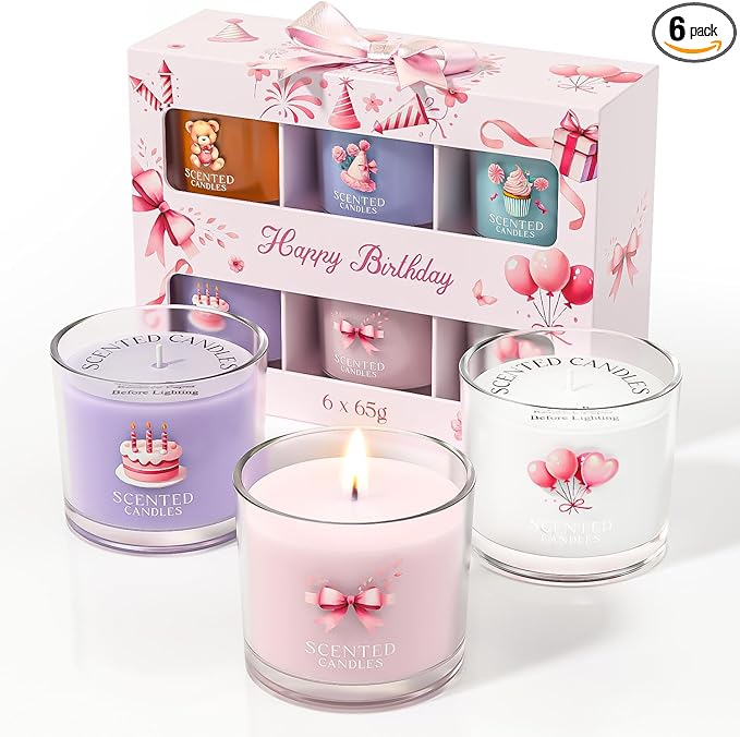 CHILLFLAME Birthday Candles, Scented Candles Gift Set for Stress Relief, 6 Votive Candles for Women and Men, Birthday Candle Gifts for Women (6 Colors, 14 oz)