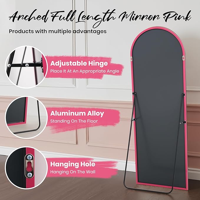 Anpark 19"x57"Arched Full Length Mirror, Full Body Mirror with Stand, Aluminum Frame for Bedroom & Hanging Leaning Modern Simple Home Decor Shatter-proorf Nano Glass Wall Living Room Cloakroom, Pink