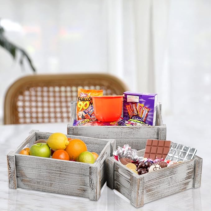 Hacaroa 3 Pack Wood Crates with Handles, Rustic Nesting Storage Container Box Decorative Wooden Basket Bins for Fruit, Vegetable, Home, Laundry, Farmhouse, 3 Sizes