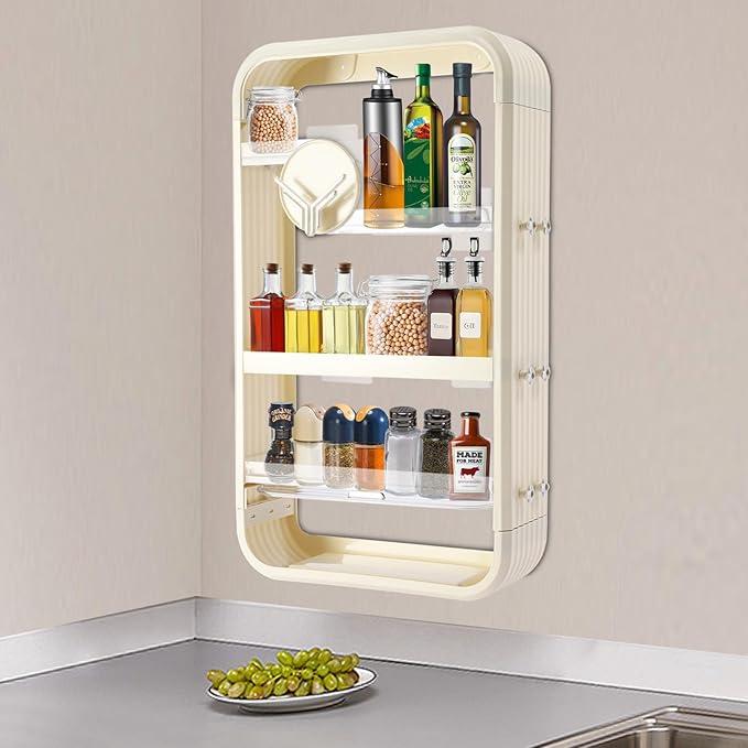 Wall Storage Rack with Open Storage, Floating Cosmetics Rack with Large Capacity Wall Mounted Storage Shelf with Tissue Hole 4 Tiers Makeup Organizer with Hooks Beige for Bathroom