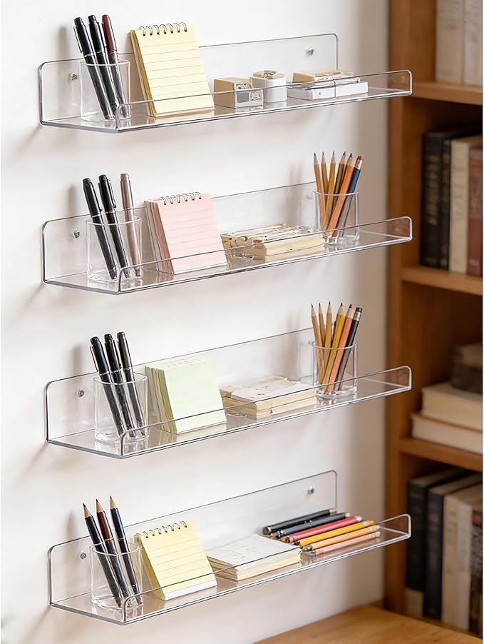 Acrylic Floating Shelves, 15.7 Inch Clear Wall Mounted Display Ledge, Invisible Bookshelf for Nursery, Makeup Organizer, Vinyl Records, 2-16 Pack (6)