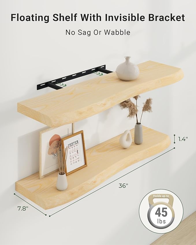 Axeman 36" Solid Wood Floating Shelves for Wall Decor, USA-Sourced Rustic Ash Wood Live Edge Shelf with Upgraded Heavy Invisible Bracket, Wall Mounted Shelf for Kitchen Bathroom Living Room, Natural