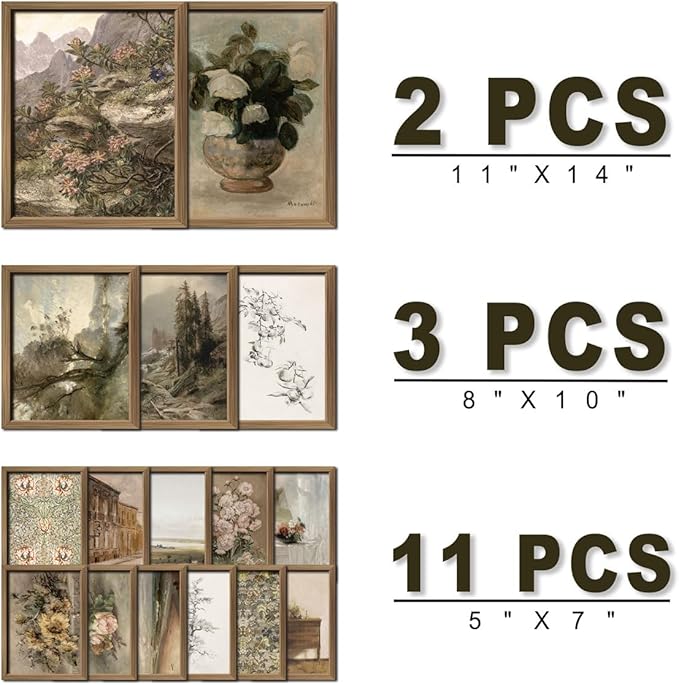 16 PCS Framed Vintage Wall Art Decor, French Country Farmhouse Gallery Wall Frame Set Prints for Bedroom Bathroom, Rustic Landscape Posters for Living Room Aesthetic, Cottagecore Dorm Home Collage Kit