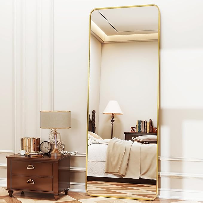 XRAMFY Full Length Mirror 23"x66", Large Floor Mirror with Rectangle Rounded Corners, Gold Aluminum Alloy Frame, Wall Mirror for Full Body