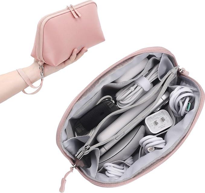 FYY Travel Cable Organizer - 8 Compartments Lightweight Water Resistant Tech Pouch with Wrist Strap, Portable Electronic Accessories Case for Cord Charger Storage for Travel Home Office, Pink (Large)