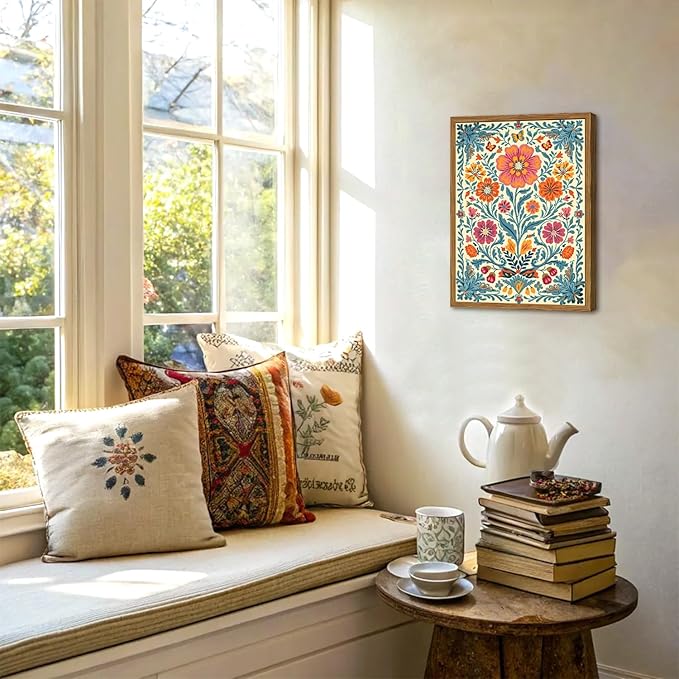 Framed Vintage Mexican Floral Canvas Wall Art, Colorful Folk Flower Wall Decor Pictures, Boho Botanical Painting Prints Rustic Home Decor for Living Room Bedroom 16x24 inch