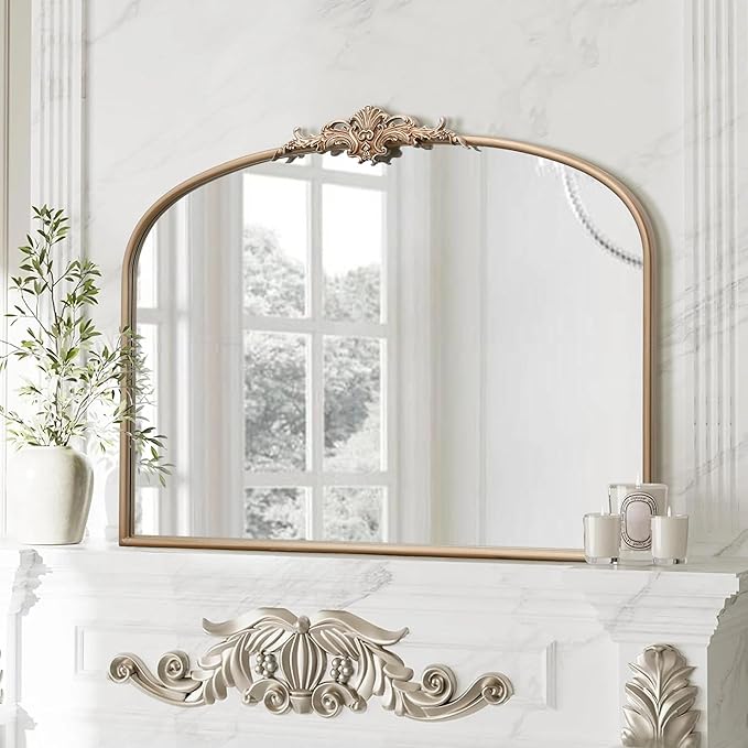 Besdomus Arched Vintage Gold Mirror: 40"x29" French Large Champagne Gold Antique Wall Mounted Mirror - Baroque Traditional Ornate for Fireplace/Bathroom/Living Room - Home Decor for Fashion-Conscious