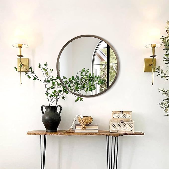 JJUUYOU Circular Wall Mirror Decorative Round Mirror for Bathroom Round Mirror Small Coffee Decor Circle for Wall Metal Framed Make up Mirror for Farmhouse Living Room Bedroom Dorm 16Inch