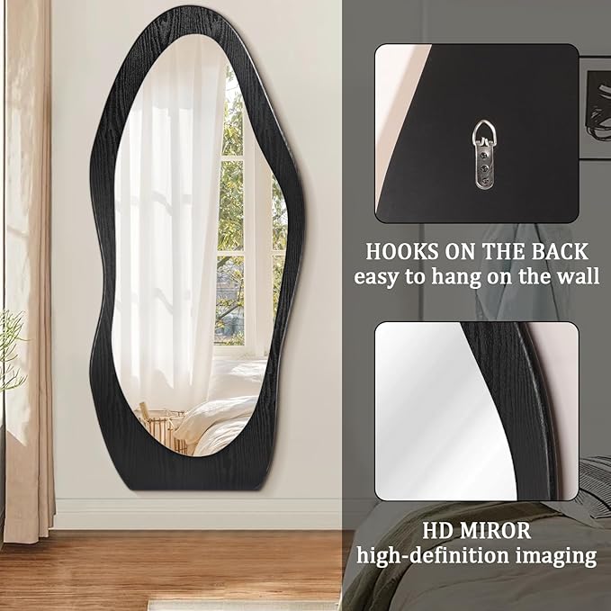 Full Length Mirror Black Irregular Wavy Mirrors 59" x 24" Asymmetrical Wall-Mounted Full Body Standing Mirror Wood Frame Mirrors for Cloakroom Bedroom Living Room