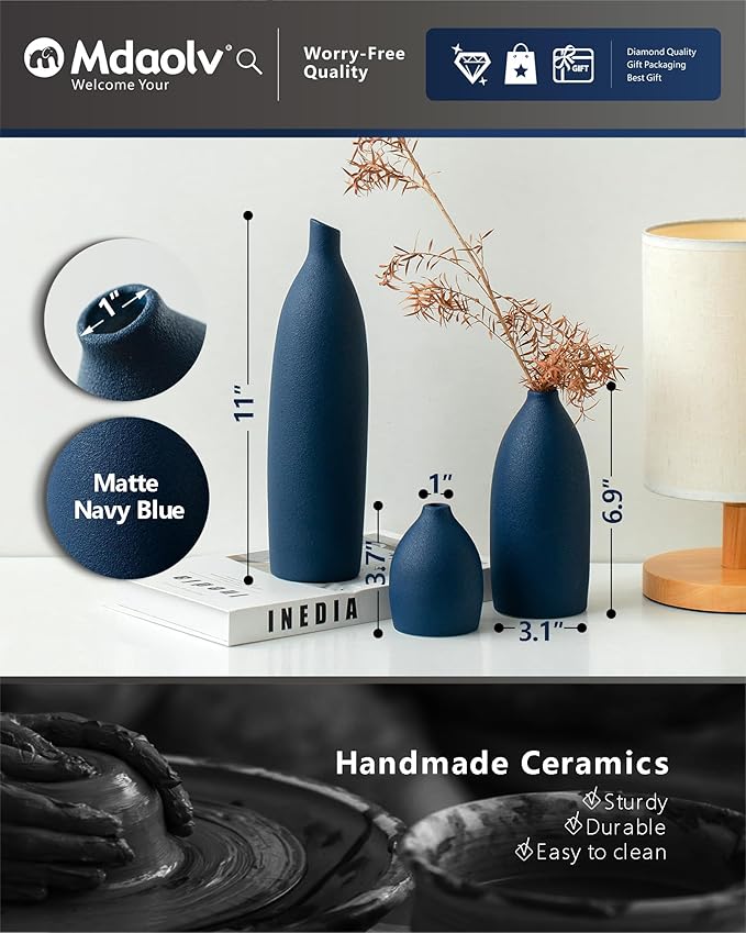Mdaolv Matte Blue Vase Set Navy Blue Decor Coastal Decor Vases for Kitchen Island Living Room Office Table Fireplace Mantle Decorations & Bathroom Shelf Decor Centerpiece Table Decorations Ceramic