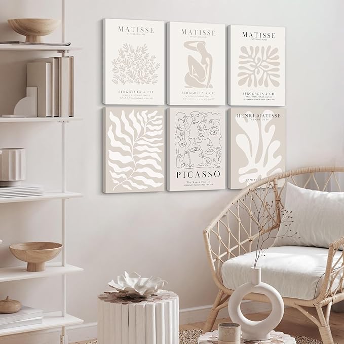 Henri Matisse Wall Art Prints Flower Abstract Canvas Pictures Aesthetic Beige Wall Art Decor Matisse Picasso Poster Gallery Vintage Painting Matisse Artwork for Bedroom 12x16 Inch Set of 6 Ready to Hang
