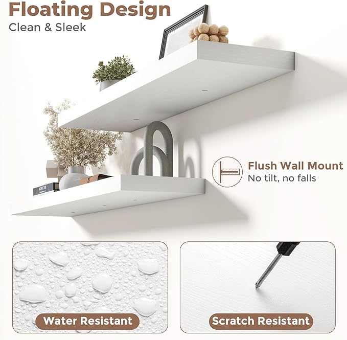 36 Inch Floating Shelves for Wall with Invisible Brackets Set of 2, 8"D Engineered Wood Wall Shelves with Wood Grain for Living Room, Bedroom, Bathroom, Kitchen Decor and Storage, White Finish