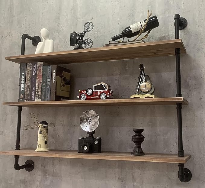 HDDFER Pipe Shelves Industrial Pipe Shelving Shelves Real Wood Industrial Floating Pipe Shelves with Wood Planks 36 inch Wall Shelves Rustic Hanging Bookshelf Farmhouse Kitchen Bar Shelving