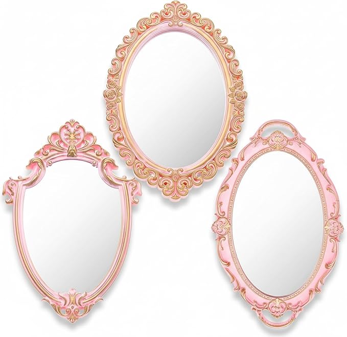 Beeveer 3 Style Vintage Mirrors Set Decorative Oval Wall Mirror Small Antique Mirrored Tray Decorative Hanging Mirror for Bathroom Bedroom Jewelry Organizer Victorian Decor (Shield,Pink)