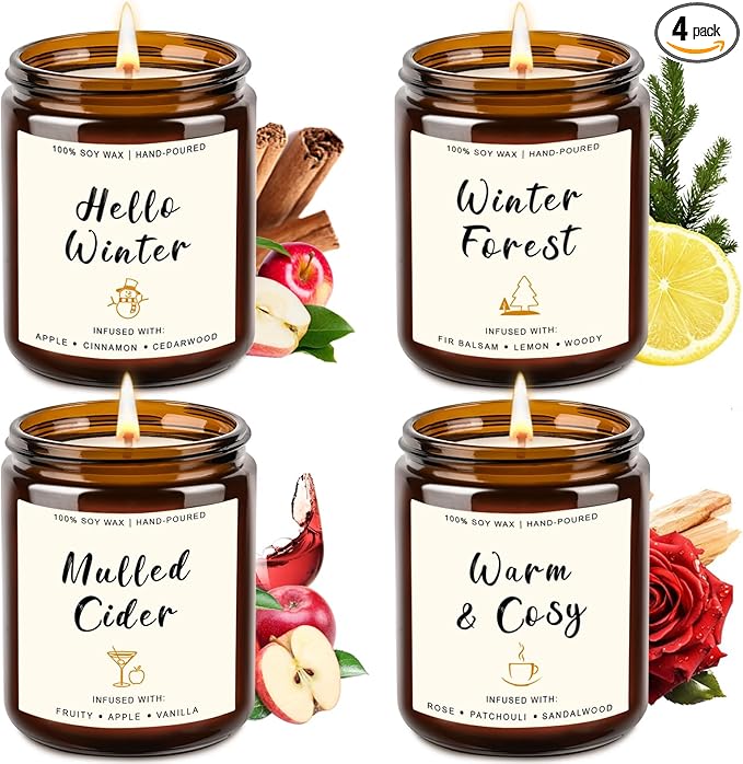 4 Pack Candles for Home Scented, 28oz Soy Candle Set, Scented Candles with Apple Cinnamon, Fir Balsam, Mulled Cider, Sandalwood – Holiday Candle Gifts for Women, Mothers, Galentines Day & Cozy Nights