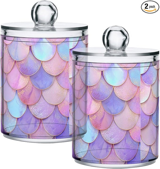 2 Pack Apothecary Jars Light Pink Fish Scales Bathroom Vanity Storage Organizer Set,Small Clear Plastic Storage Jars Bathroom Canister for Cotton Swabs, Rounds, Balls, Qtips,Makeup Sponges, Fl