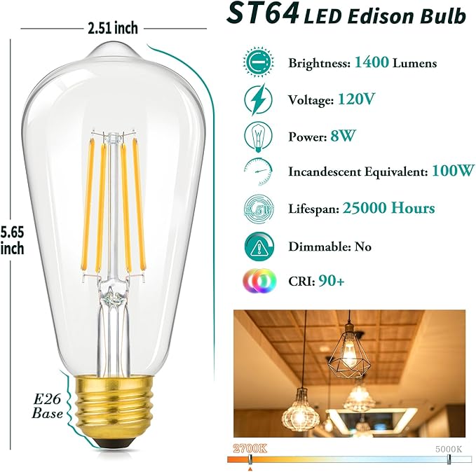Vintage LED Edison Bulbs, 8W Equivalent 100W, 1400LM ST64 Antique LED Light Bulbs, Filament Bulbs with 90+ CRI, Warm White 2700K, E26 Medium Base, Clear Glass, Non-Dimmable, 12-Pack