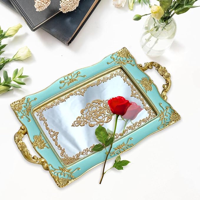 French Style Decorative Mirror Tray, Dresser Counter Coffee Table Jewelry Perfume Organizer for Makeup Jewelry (Green)