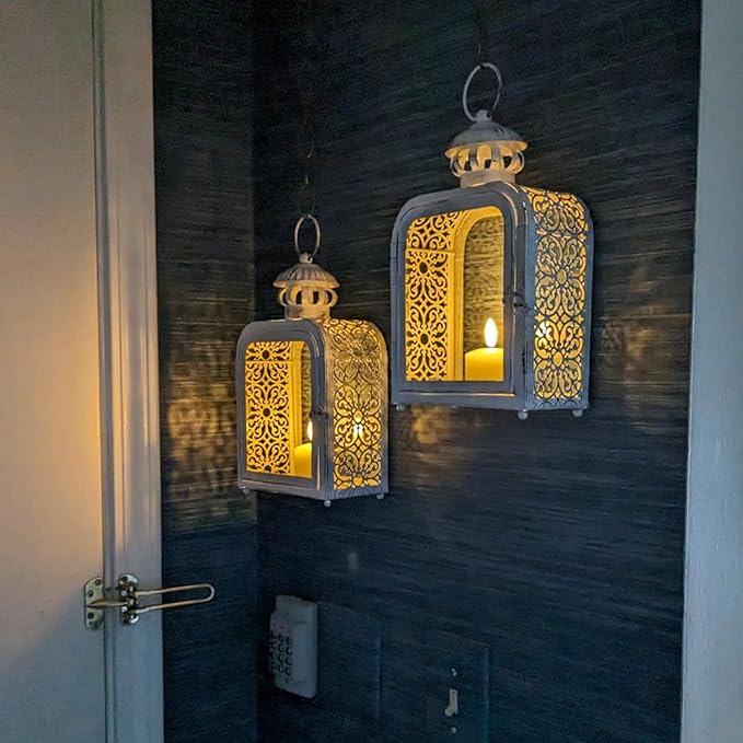 DECORKEY Candle Lantern Decorative Indoor & Outdoor, Vintage Metal Lanterns with Clear Glass, Tabletop&Hanging Candle Holders for Patio Front Porch Home Decor, Halloween Christmas Decorations (White)