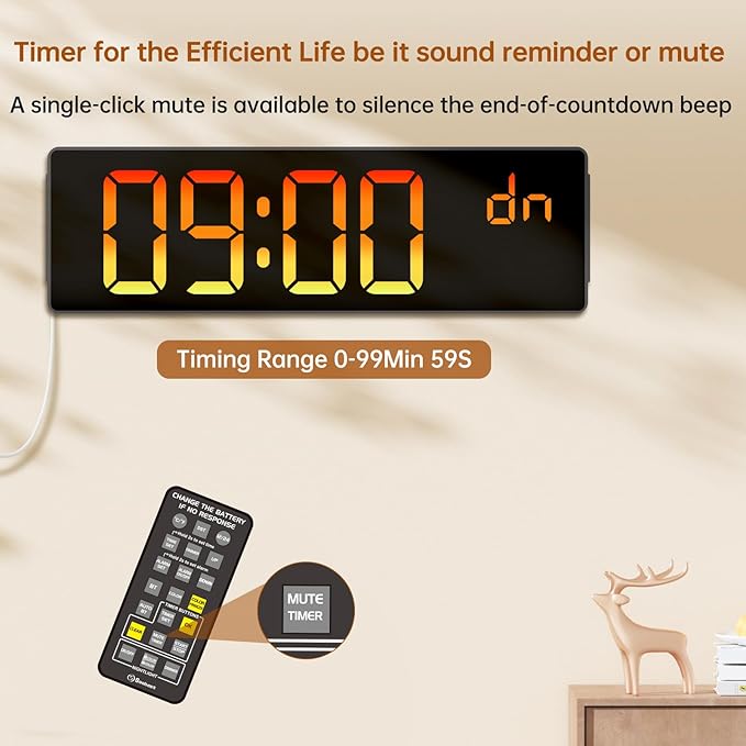 Soobest 14.2" Large Digital Wall Clock, Bluetooth Auto Time/Date/Day Sync, LED Large Display, Gym Countdown Timer & Temperature for Classroom, Living Room, Home, 12 Colors