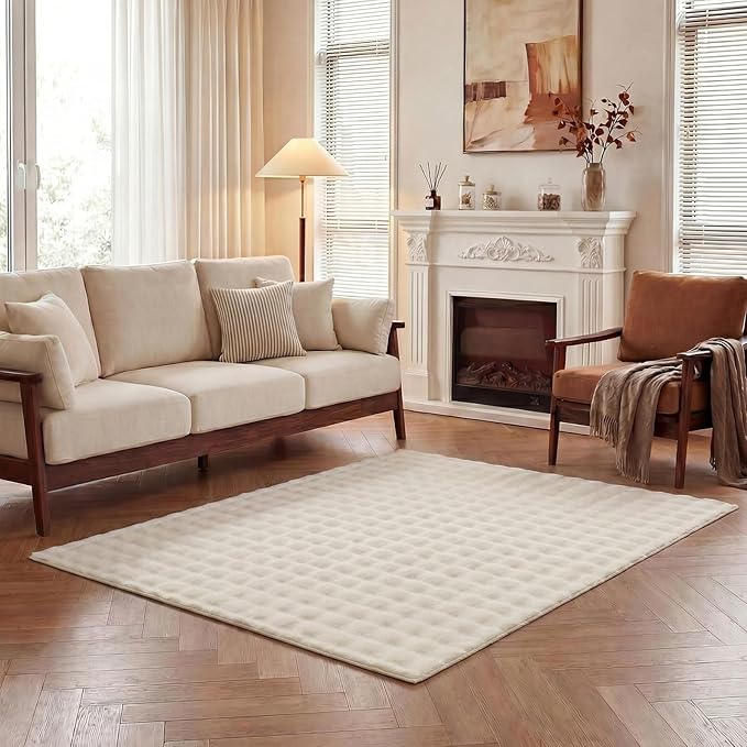 Pauwer Area Rugs for Living Room, 5x7 Fluffy Faux Fur Rug Non Slip Machine Washable Soft Shaggy Indoor Floor Carpet for Bedroom Dorms Playroom, Cream