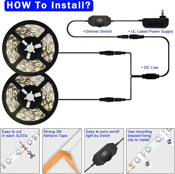 40ft Daylight White Led Strip Lights, 6000K 12V Dimmable Flexible Led Tape Light, Cuttable Led Lights Strip for Bedroom Christmas, Kitchen, Cabinet, Mirror, Not Waterproof