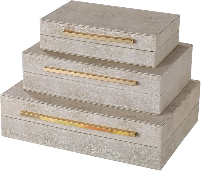 3 Pcs Ivory Shagreen Boxes, PU Leather Watch Jewelry Organizers with Velvet Lining, Golden Handles Decorative Boxes, Modern Nesting Storage Boxes for Dresser, Shelf, Closet
