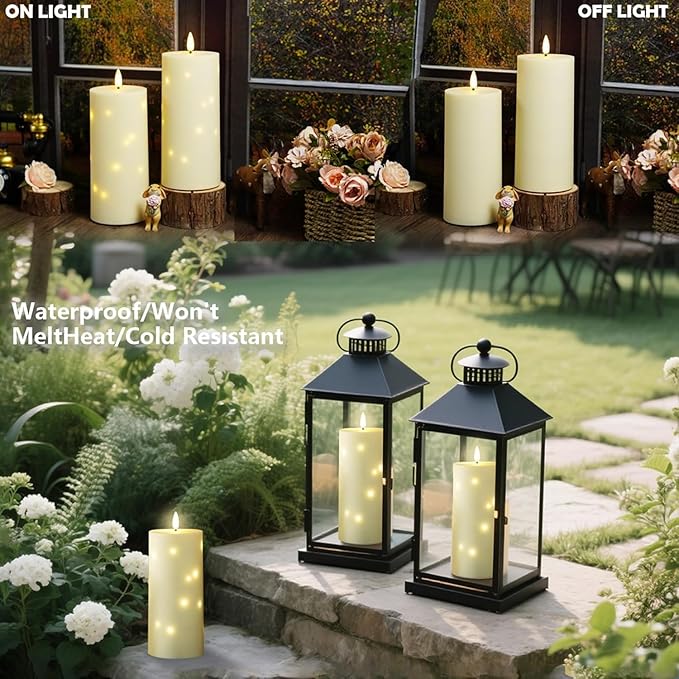 YOROXRG 4" x 10" Large Outdoor Waterproof Flickering Flameless Candles with Timer,2Pcs Battery Operated LED Pillar Candles with Embedded Star String for Outdoor Lanterns,Porch,Patio Decor(Ivory)