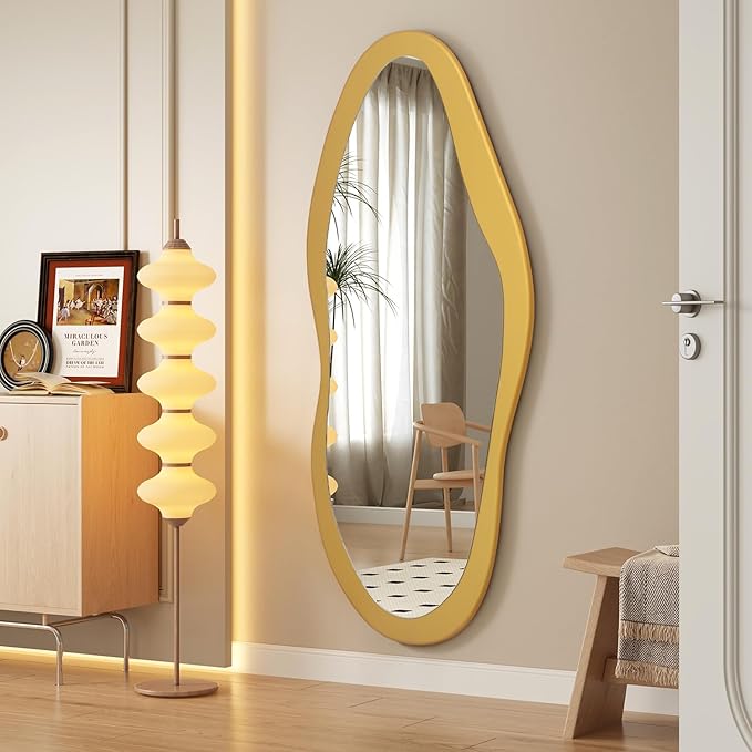 AAZZKANG Gold Irregular Full Length Mirror with Wood Framed Large 47"x20" Asymmetrical Full Body Mirrors for Bedroom Living Room Entryway