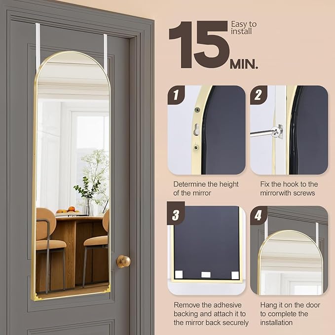 48"x14" Door Mirror, Arched Full Length Mirror, Over the Door Mirrors Full Length, Hanging Mirrors for Bedroom, Bathroom, Gold