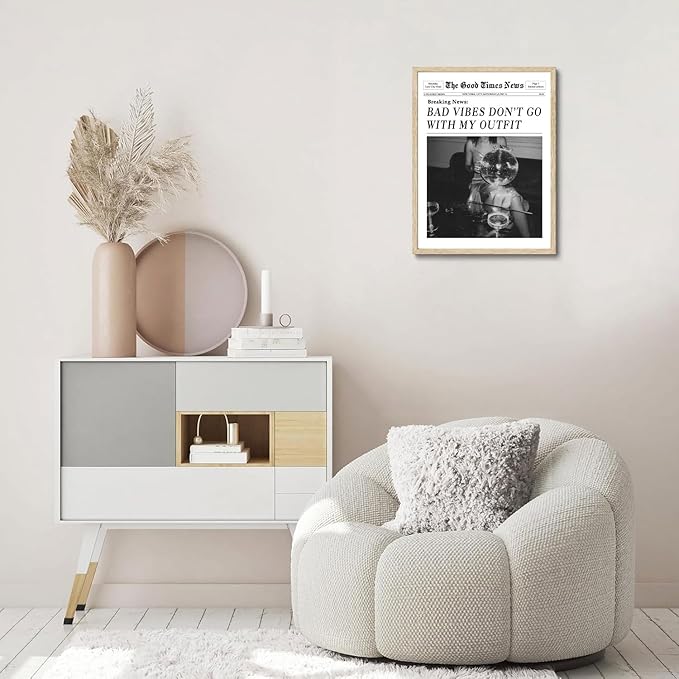 Bwodke OAK Wood Framed Wall Art Bad Vibes Don't Go With My Outfit Canvas Art Disco Bar Pictures Wall Decor Vintage Magazine Bar Cart Prints Trendy Newspaper Artwork for Girly Dorm Bedroom 12"x16"