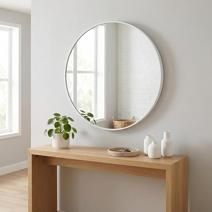 HARRITPURE Round Mirror 20" White Wall Mounted Circle Mirrors Vanity Mirror with Brushed Aluminum Alloy Frame Modern Decoration for Bathroom, Living Room, Vanity, Bedroom, Entryway