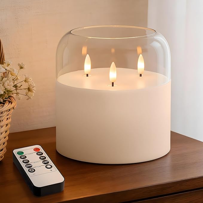3 Wick Glass Flameless Candle with Remote and Timer, 6"x6" Extra Large Real Wax LED Pillar Candle Battery Operated with 3D Flickering Flame for Festival Wedding Home Party Decor (Clear)
