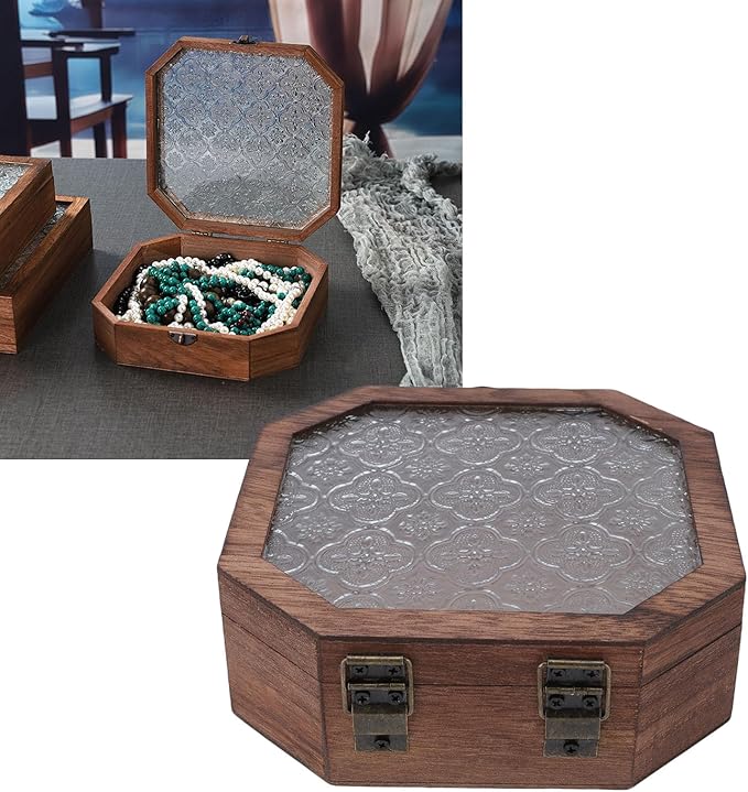 Pssopp Decorative Wooden Jewelry Organizer, Floral Vintage Style S Design Box for Makeup Storage and Vanity Table Decor
