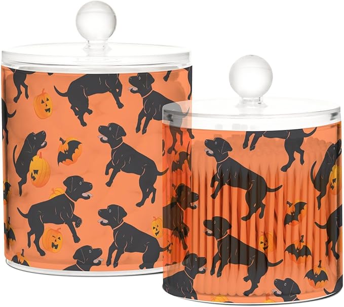 Dancing Labrador Dog Orange Black Pumpkin Clear Plastic Makeup Organizer Storage with lid Pantry Essentials Decorative storage bins for Cotton Swabs,Cotton Pads,Floss Picks,Paper Clips,Hair