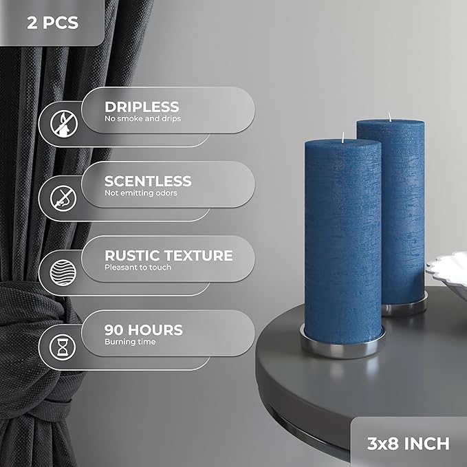 CANDWAX Dark Blue Pillar Candles 3x8 Inch – Set of 2 Unscented Dripless Large Candles, Rustic Style for Weddings, Home Decor, Events