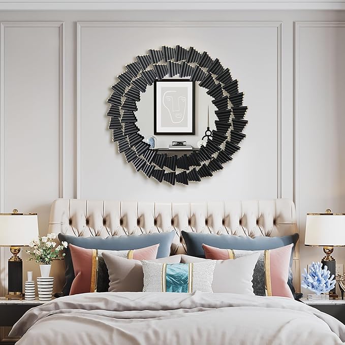 Wall Mirror Decorative, Black Mirrors for Wall Decor, Round Metal Wall Art Mirror, Large Wall Mirrors for Living Room,Bedroom, Bathroom, Entryway, 28 Inch