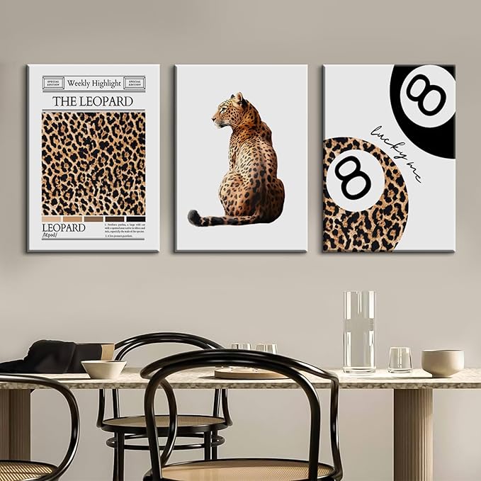 Trendy Leopard Wall Art Cheetah Print Canvas Wall Decor 8 Ball Poster Preppy Room Aesthetic Pictures Funky Coquette Vintage Prints Y2k Fashion Lucky Posters for Bedroom 16x24x3 Inch Wrapped Canvas