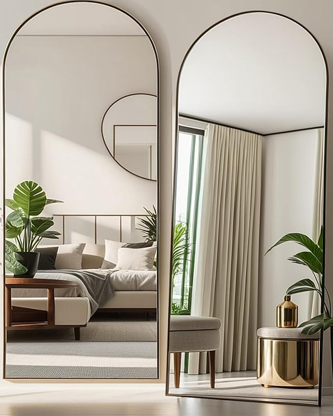 ALU-4690 Arched Full Length Mirror 90"x46" Full Body Floor Mirror Standing Hanging or Leaning Wall, Arch Wall Mirror with Stand Aluminum Alloy Frame for Bedroom Cloakroom Black